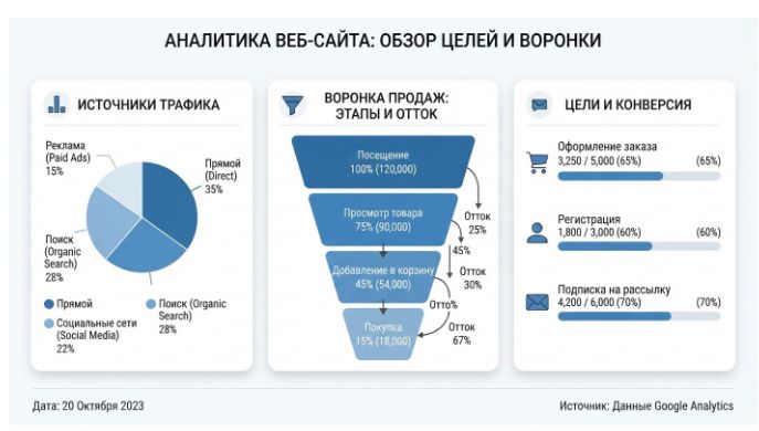 панель веб-аналитики с целями и воронкой конверсии сайта