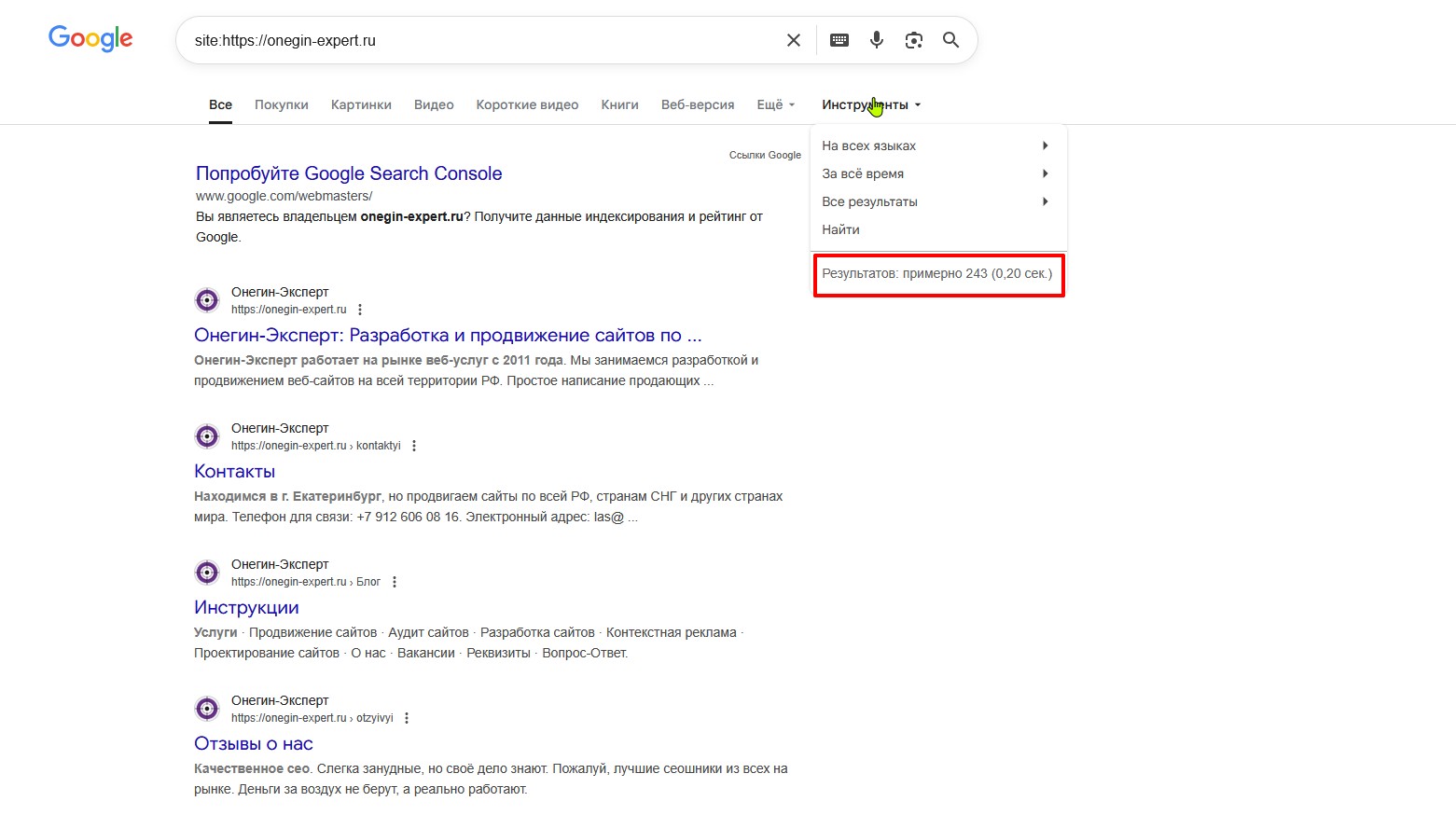 Проверка индексации через поисковый оператор "site:"