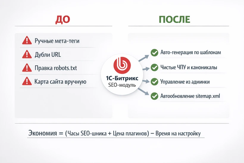 Инфографика об экономии бюджета с помощью SEO-модуля Битрикс.