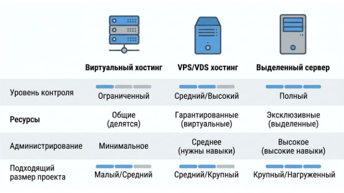 сравнение виртуального хостинга, VPS и выделенного сервера для 1С-Битрикс