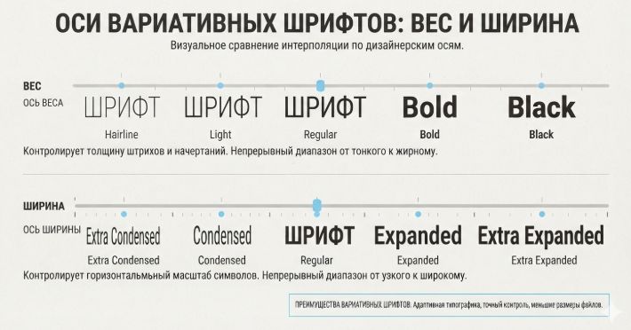 вариативные шрифты и оси настройки на примере сравнения начертаний