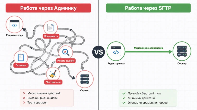 Сравнение эффективности работы через админку и по SFTP.