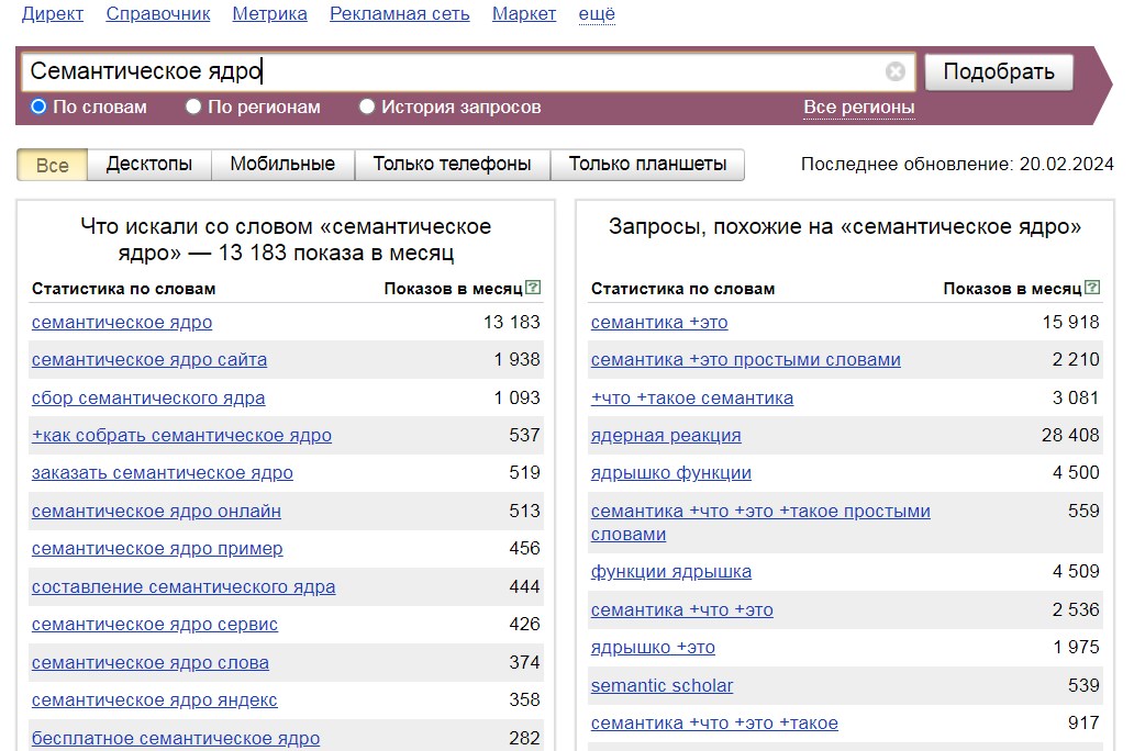 Сервис для сбор семантики Яндекс Wordstat